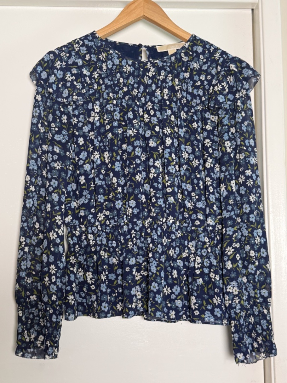 Michael Kors Blue Floral Smocked Peplum Blouse Size S